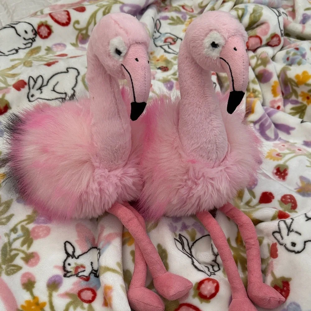 Plush Pair of Pink Flamingos with Fluffy Pom Tails Twins! 17” Tall - Picture 6 of 6